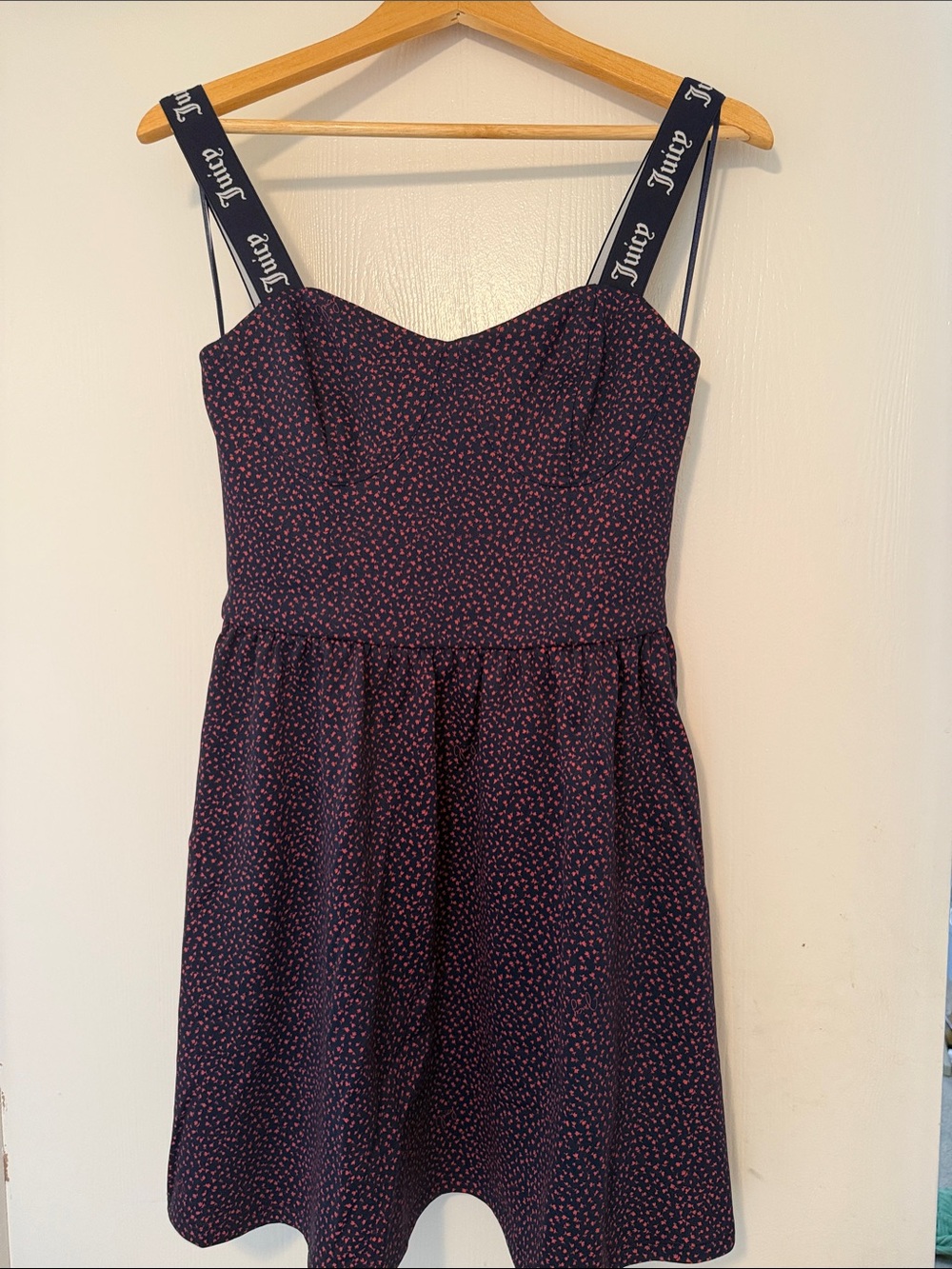 Juicy Couture Navy Dress with Pink Micro Print and Logo Straps